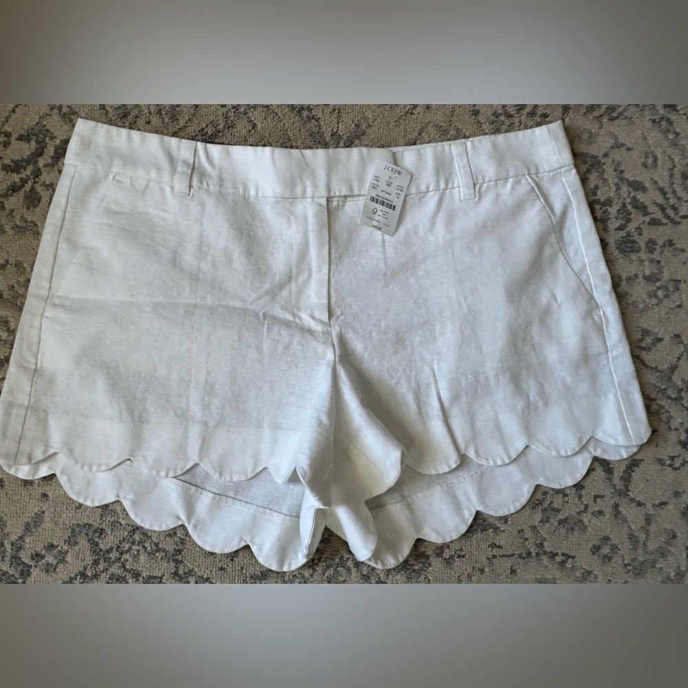 Women’s J.Crew Size 14 White Scalloped Linen Blend 4” Shorts